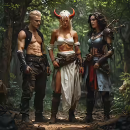 a group of fantasy - themed men standing in the woods