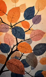 a painting of leaves are hanging from a branch
