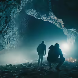 two men standing in front of a dark cave with light pouring down from the ceiling