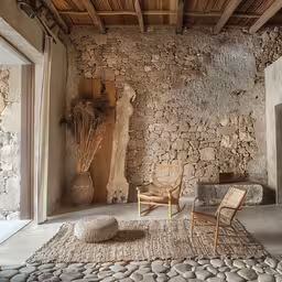 two chairs in front of a stone wall,an adobe and stone house with rustic furnishings
