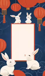 an artistic illustration with two rabbits sitting in the front and one in the back