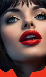 a woman with dark hair and red lipstick