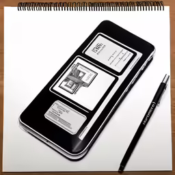 this is an image of a smart phone with id cards and pen