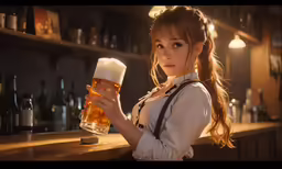 an anime - styled woman holding a large beer mug