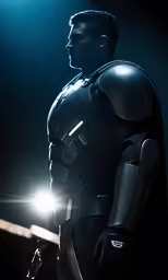 a man dressed as a batman standing in front of a light