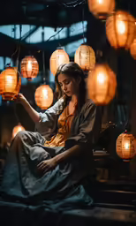 woman in kimono and lantern lights in dark room