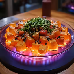 an assortment of vegetables sitting in a lit bowl on a table