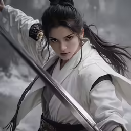 a woman in white is holding a sword