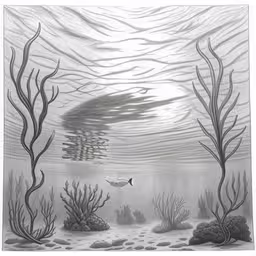 an underwater scene with some sea creatures and trees
