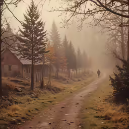 a man walking on the path of a dirt road