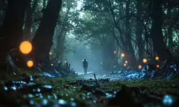 man walking through a dark misty forest at night