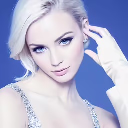 woman posing in a silver dress on blue background