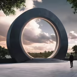 a man stands by a monument with an oval opening