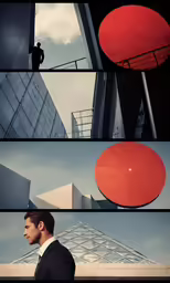a collage of various pictures showing a man in suit and tie on an orange piece of metal