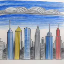 a drawing of a city with skyscrapers in blue, yellow, and orange,a drawing of a city skyline and clouds