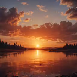 the sun sets behind trees along a calm bay