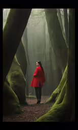 a woman in a red coat walking through a forest