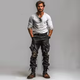 a man that is posing for the camera,a man is standing in an image in the studio