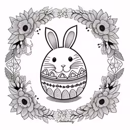 an bunny sits in a bowl of eggs surrounded by flowers,an easter bunny sitting in a egg with flowers,a bunny sits in a basket of flowers,a black and white drawing of an easter egg with a bunny face in the center of the frame,a black and white image of an egg with an easter bunny inside and flowers around it