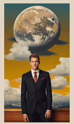 an image of a person in a suit with an orange and blue sky behind