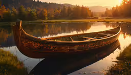 a rowboat on the water with beautiful scenery,an empty rowboat is sitting in the shallow water