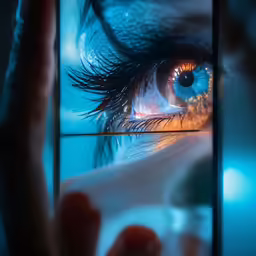 an eye of a person is reflected in a mirror