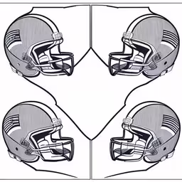 two football helmets in the center of a triangle shape,a pair of football helmets with helmets on them,three football helmets in front of white background,a drawing of a football helmet,the football helmet has different angles and is cut out into four shapes