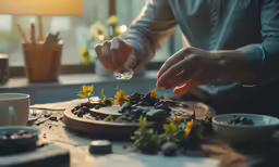 a man getting to eat food from the table