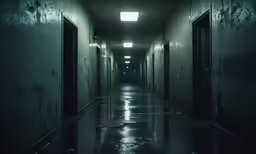 a dimly lit hallway with doors and light coming through