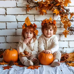 two young children sitting in pumpkin costumes