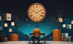 a man sitting on top of a bench with a clock hanging from the side of it