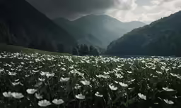 a field full of white flowers with some trees in the background