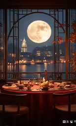 a table that has plates on it in front of a window