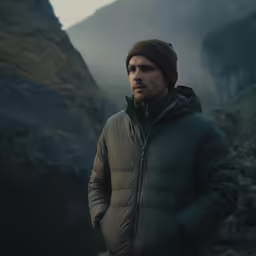a man in a jacket standing near a mountain