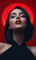 a beautiful woman with red lips and black dress posing for the camera