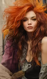 woman with bright red hair standing by a building