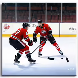 two hockey players in red and black uniforms playing ice hockey