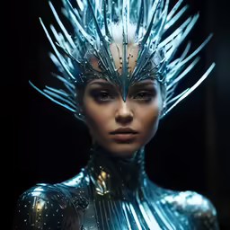 a woman with shiny silver make - up on her face and head