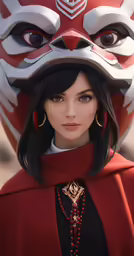 woman in red dress with demon mask, jewelry and necklaces
