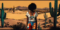 a painting of a person surrounded by cactus and sand,a girl wearing a dress near a cactus and mountains