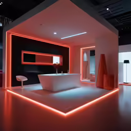 a modern bathroom with a white bathtub and lights