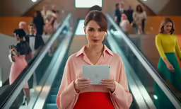 a woman is using a tablet in a crowded area