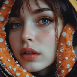 a woman with blue eyes with orange jacket around her