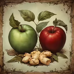 an image of two apples and mushrooms