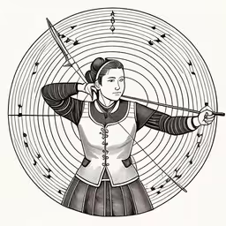 a woman with a sword is holding an object,a female warrior is holding a sword and aiming,black and white drawing of a woman holding two swords,the illustration of a girl holding her hand out in a circle,a woman in an oriental dress holding two swords