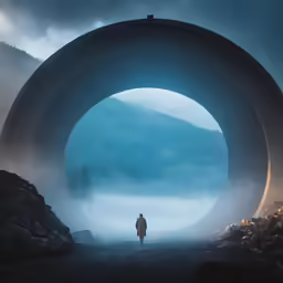 a man standing inside of a tunnel near mountains