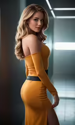 a woman in a yellow dress posing for a picture