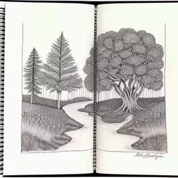 a drawing book with a photo of trees and a river,a book opened to the page titled trees on a hill,a drawing in a book of a scenic scene,an open notebook shows a drawing of a tree,a drawing of an open book showing trees