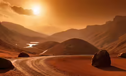 the sun sets behind mountains on a wide dirt road