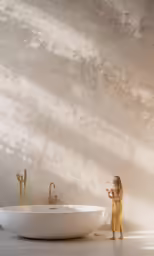 a woman stands near the counter next to a white sink in the bathroom